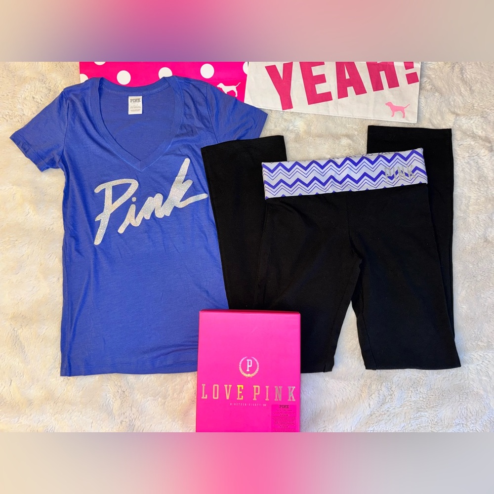 VS PINK Y2K FOLDOVER FLARE YOGA LEGGINGS & TEE SHIRT BOX SET BLING NWT RARE SM